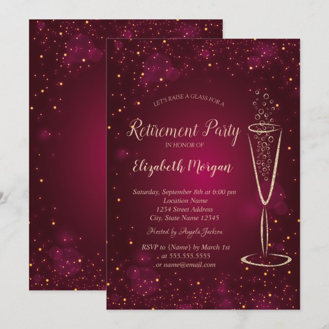 Elegant Gold Confetti Wine Glass Red Retirement Invitation (Front/Back)