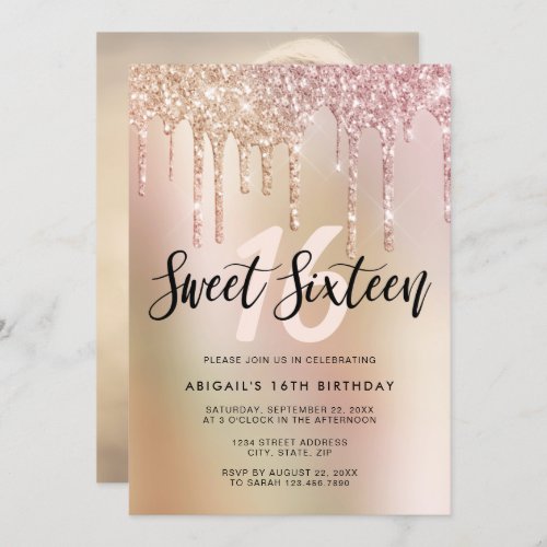 Elegant gold  copper glitter drips sweet sixteen invitation