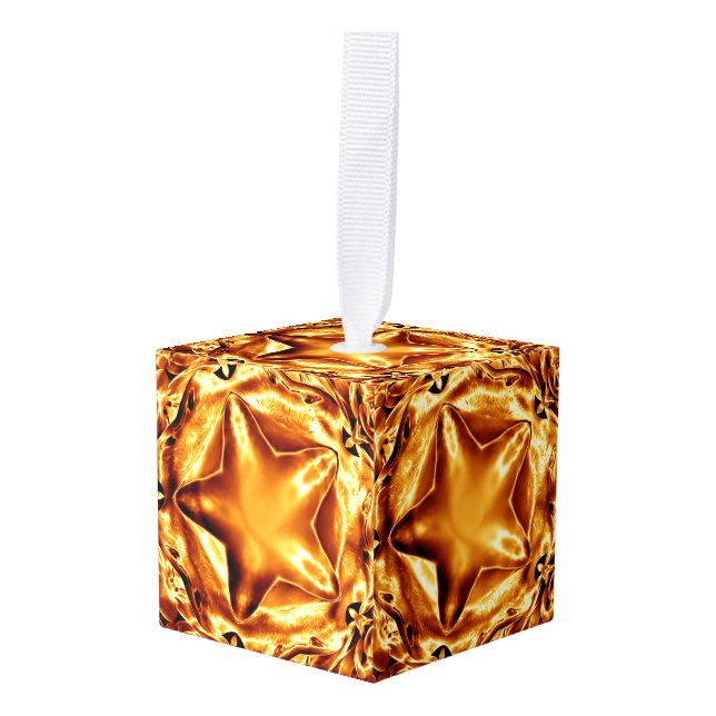 Elegant Gold Copper Look Stars Christmas Decor Cube Ornament (Front Angled)