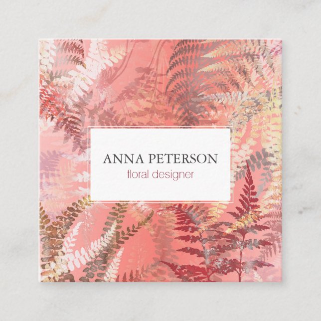 Elegant Gold Coral Pink Fern Leaves Square Business Card (Front)