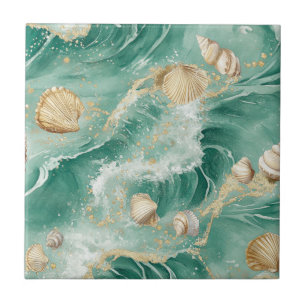 Elegant Gold Coral & Seashell Watercolor Art (2) Ceramic Tile