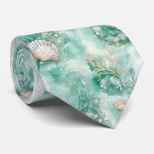 Elegant Gold Coral & Seashell Watercolor Art Neck Tie