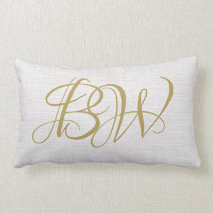 Elegant Gold Couples Monogram Initials White Linen Lumbar Pillow
