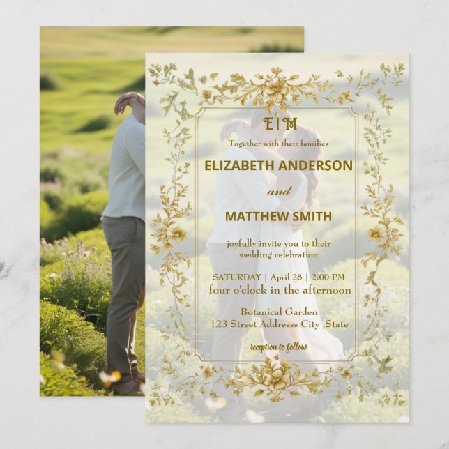 Elegant gold couples portrait rustic photo wedding invitation (Front/Back)