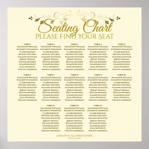 Elegant Gold Cream 13 Table Wedding Seating Chart