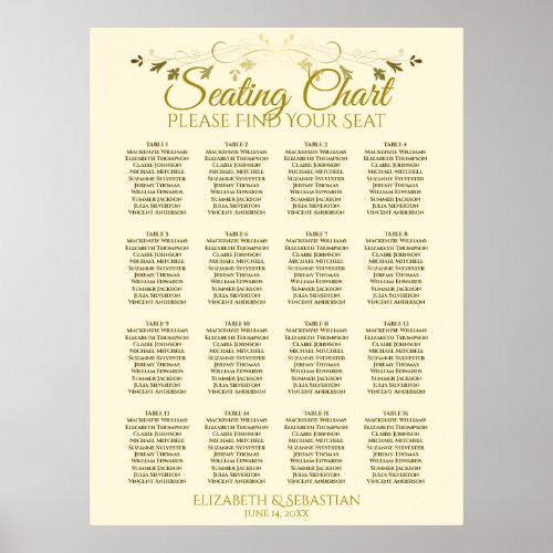 Elegant Gold Cream 16 Table Wedding Seating Chart