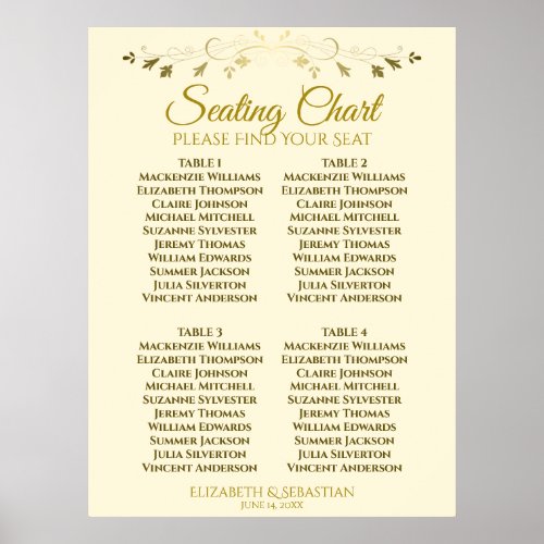 Elegant Gold  Cream 4 Table Wedding Seating Chart