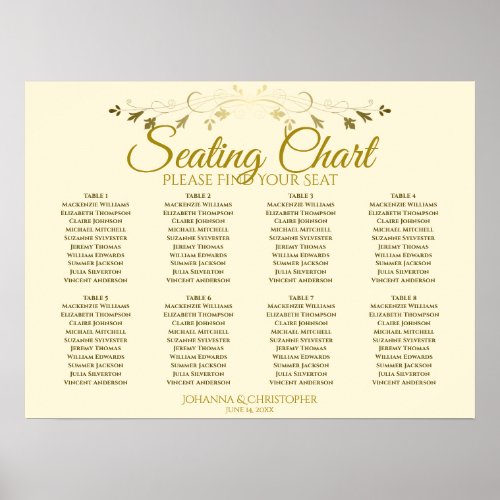 Elegant Gold  Cream 8 Table Wedding Seating Chart