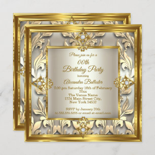 Elegant Gold Cream beige Damask Birthday Party Invitation