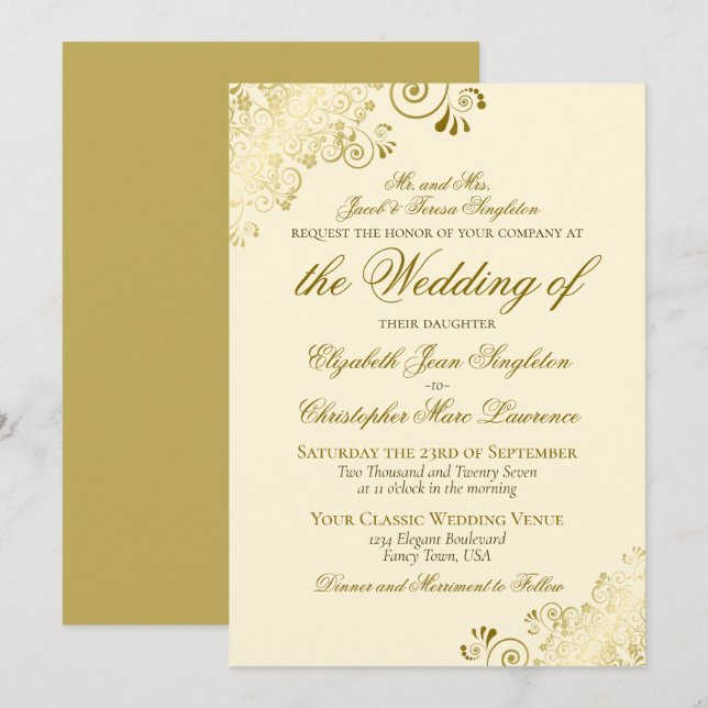 Elegant Gold & Cream Classic Style Formal Wedding Invitation (Front/Back)