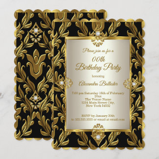 Elegant Gold Cream Damask Black Birthday Party Invitation
