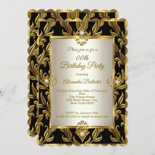 Elegant Gold Cream Damask Black Birthday Party Invitation