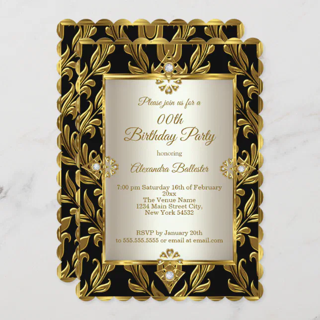 Elegant Gold Cream Damask Black Birthday Party Invitation | Zazzle