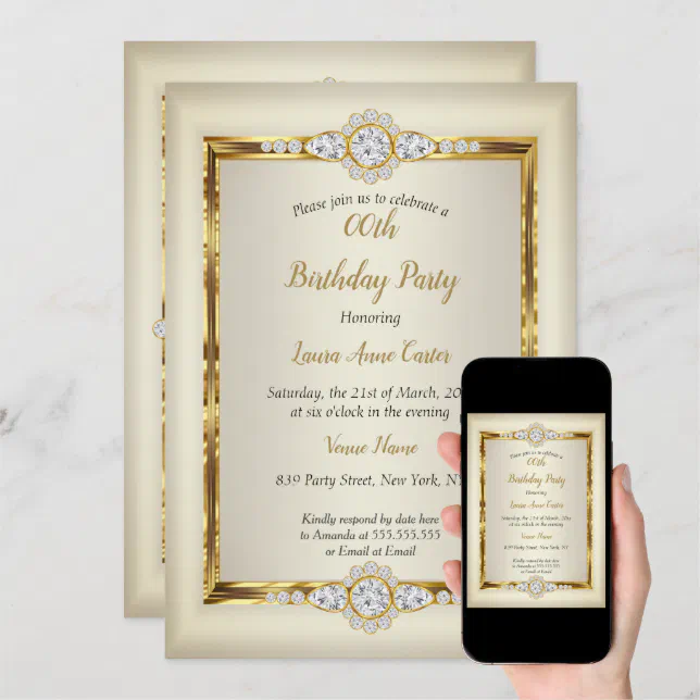 Elegant Gold Cream Diamond Birthday Party Invitation | Zazzle