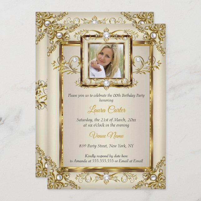 Elegant Gold Cream Pearl Damask Photo Birthday Invitation (Front/Back)