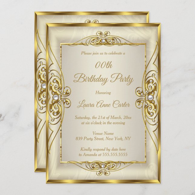 Elegant Gold Cream Pearl Photo Birthday Party Invitation (Front/Back)