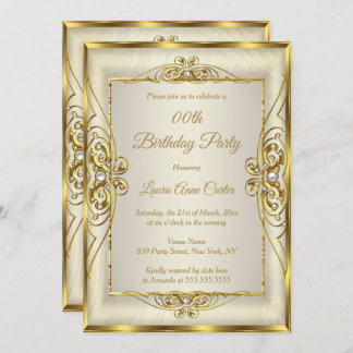 Elegant Gold Cream Pearl Photo Birthday Party Invitation
