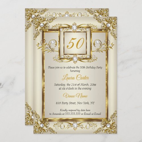 Elegant Gold Cream Pearl Photo Birthday party Invitation