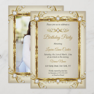 Elegant Gold Cream Pearl Photo Birthday Party Invitation