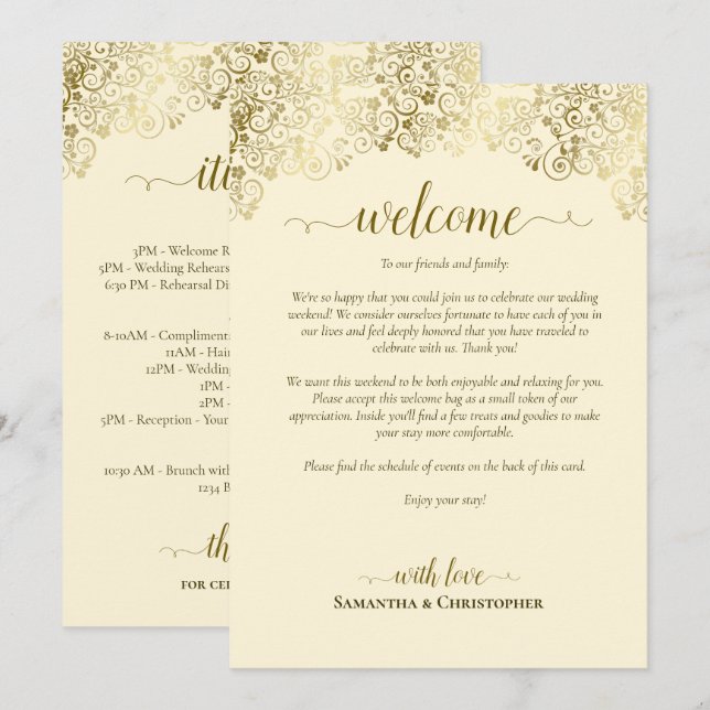 Elegant Gold & Cream Wedding Welcome & Itinerary Program (Front/Back)