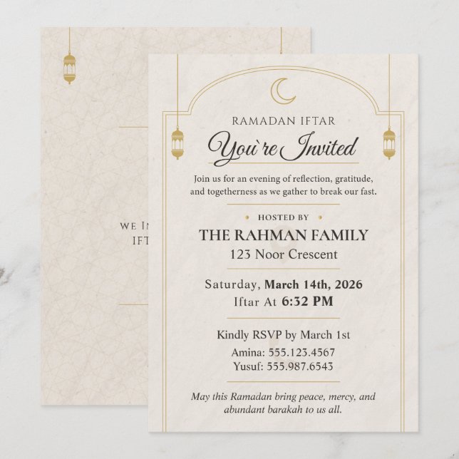 Elegant Gold Crescent Moon & Lantern Ramadan Iftar Invitation (Front/Back)