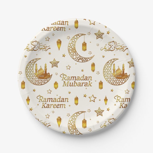 Elegant Gold Crescent Ramadan Iftar Party Paper Plates (Front)