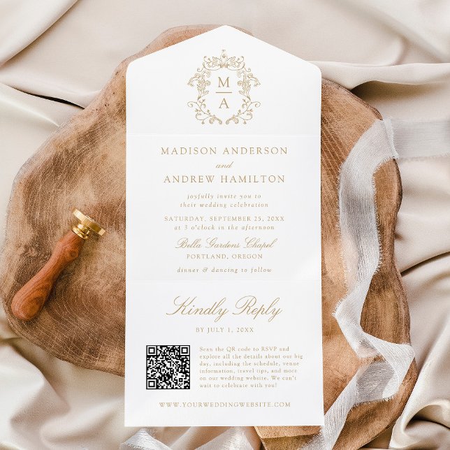 Elegant Gold Crest Chinoiserie Monogram Wedding All In One Invitation (Creator Uploaded)