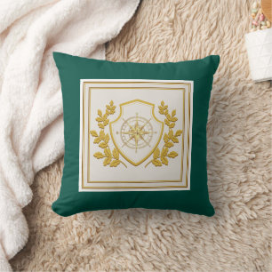 Elegant Gold Crest Compass on Emerald Green Throw Pillow