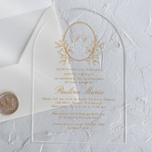 Elegant Gold Crest Formal Quinceañera Acrylic Invitations