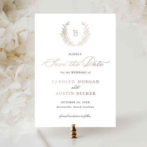 Elegant Gold Crest Leaf Monogram Save the Date Foil Invitation