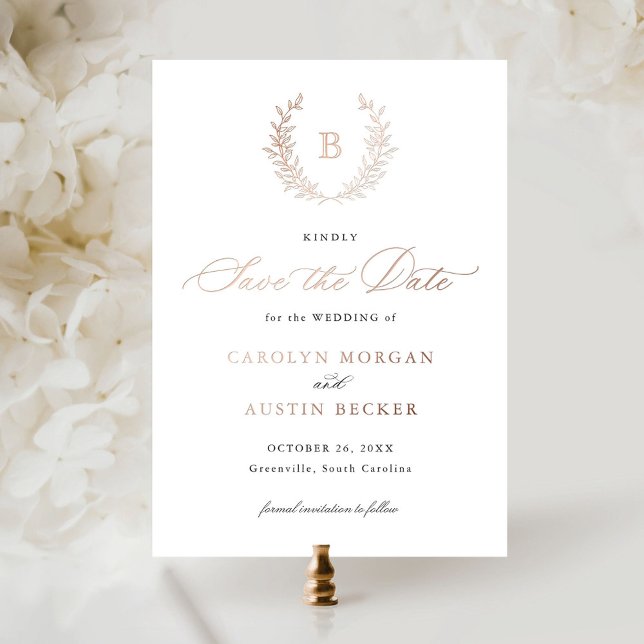 Elegant Gold Crest Leaf Monogram Save the Date Foil Invitation (Creator Uploaded)
