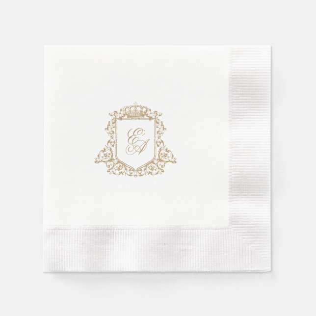 Elegant Gold Crest Monogram Custom Wedding Napkins (Front)