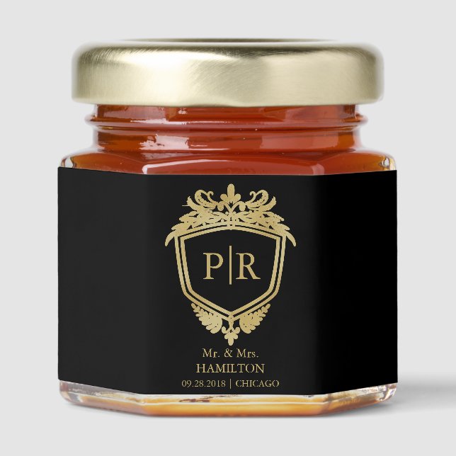 Elegant Gold Crest Monogram Wedding  Honey Jar Favors (Front)