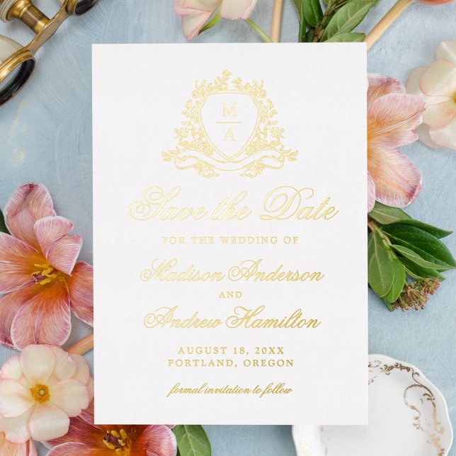 Elegant Gold Crest Monogram Wedding Save The Date Foil Invitation (Creator Uploaded)
