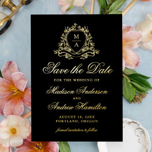 Elegant Gold Crest Monogram Wedding Save The Date Foil Invitation