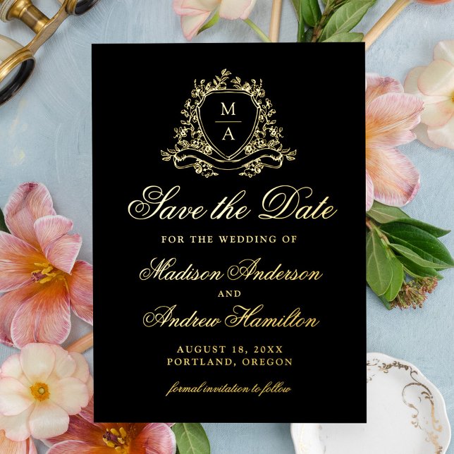 Elegant Gold Crest Monogram Wedding Save The Date Foil Invitation (Creator Uploaded)