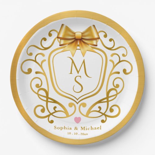 Elegant Gold Crest Vintage Monogram Wedding Paper Plates