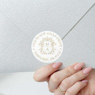 Elegant Gold Crest Wedding Return Address Classic Round Sticker