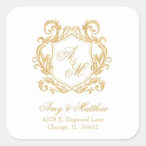 Elegant Gold Crest Wedding Return Address Square Sticker