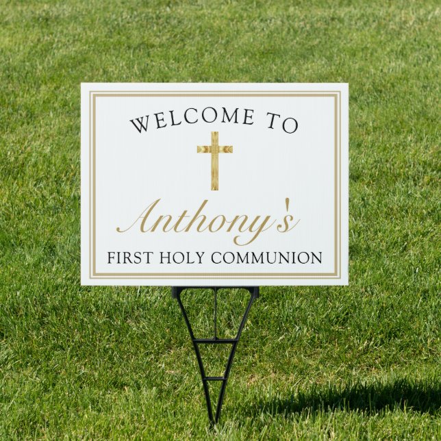 Elegant Gold Cross 1st Holy Communion Welcome Yard Sign (Insitu)