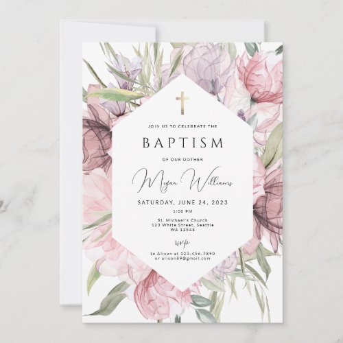 Elegant Gold Cross and peals girl Baptism Invitati Invitation