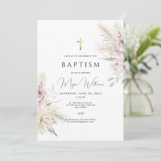 Elegant Gold Cross and pink flowers boho Baptism Invitation