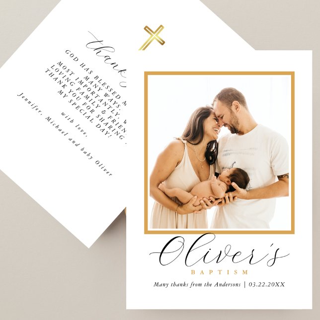Elegant Gold Cross Baby´s Baptism Photo Script Thank You Card (Creator Uploaded)