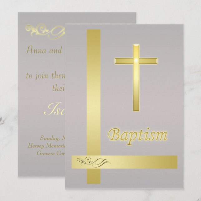 Elegant Gold Cross Baptism Christening  Invitation (Front/Back)