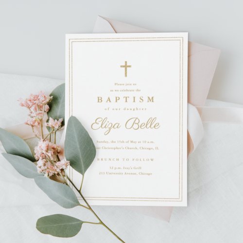 Elegant Gold Cross Baptism  Christening Invitation