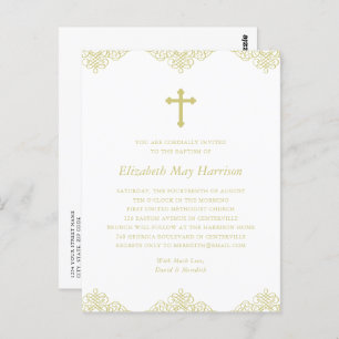 Elegant Gold Cross Baptism/Christening Invitation Postcard