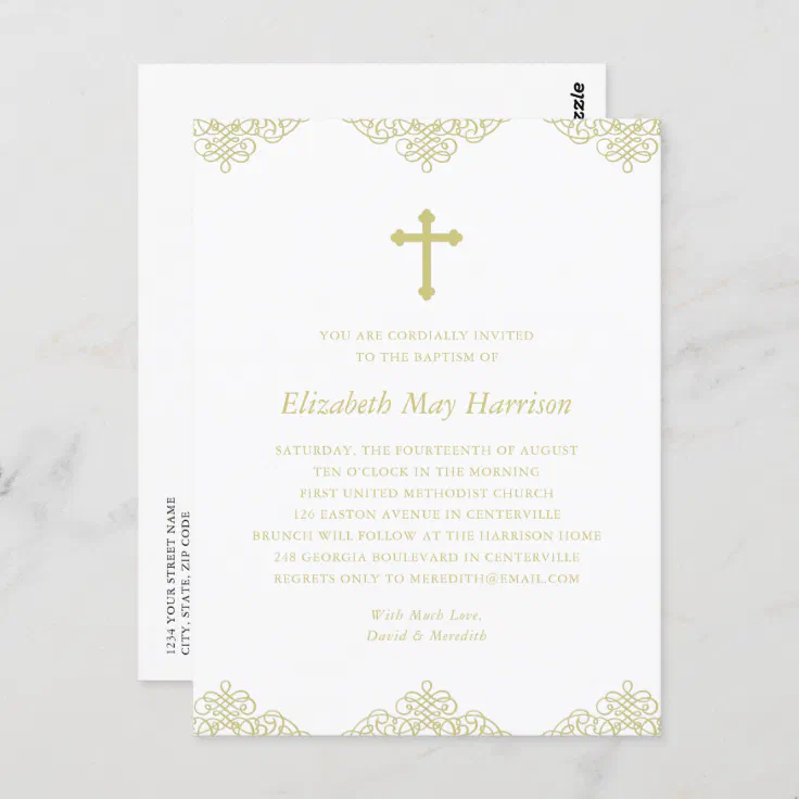 Elegant Gold Cross Baptism/Christening Invitation Postcard | Zazzle