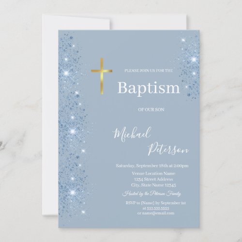 Elegant Gold Cross Baptism Dusty Blue Glitter  Invitation