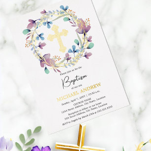 Elegant Gold Cross Baptism Floral Foil Invitation