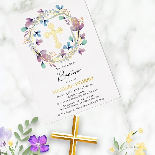 Elegant Gold Cross Baptism Floral Foil Invitation (Elegant floral wreath, with real gold foil cross and name, baptism invitation.)